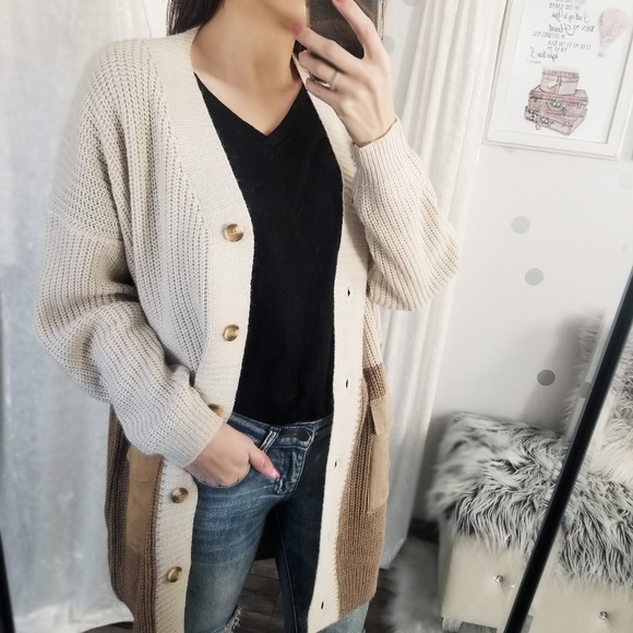 Knit Fall Neutral Cardigan Taupe Color Block Long Pocket Cardigan - Picture 4 of 11